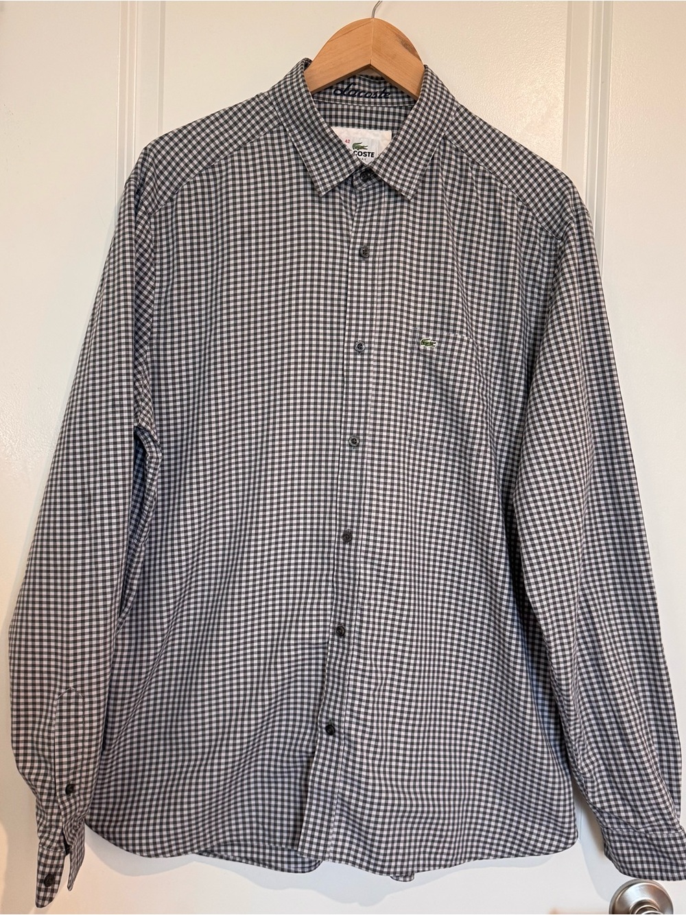 Lacoste Shirt Mens L 42 Black White Gingham Long Sleeve Button Up Modern Fit